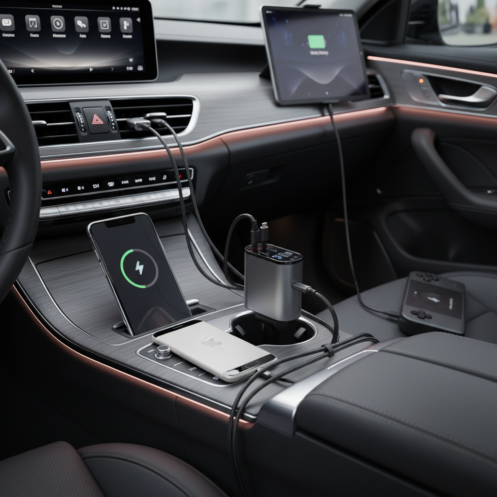 4-in-1 car charger plugged into vehicle power outlet charging multiple smartphones and devices